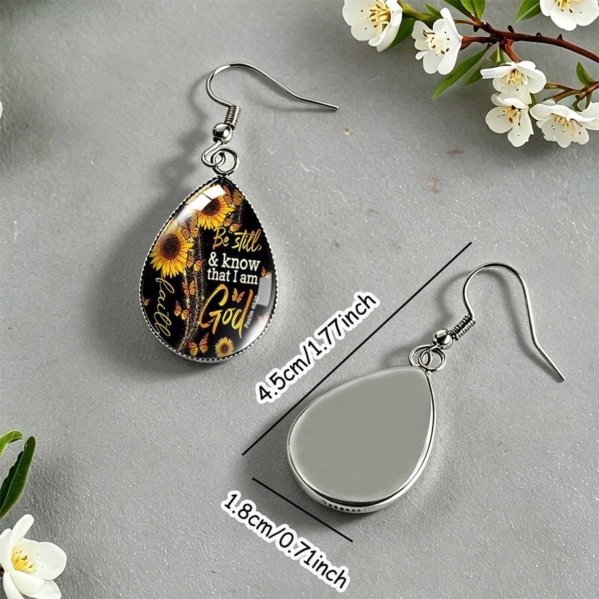 Unisex Sunflower Butterfly Art Text Print Teardrop Earrings